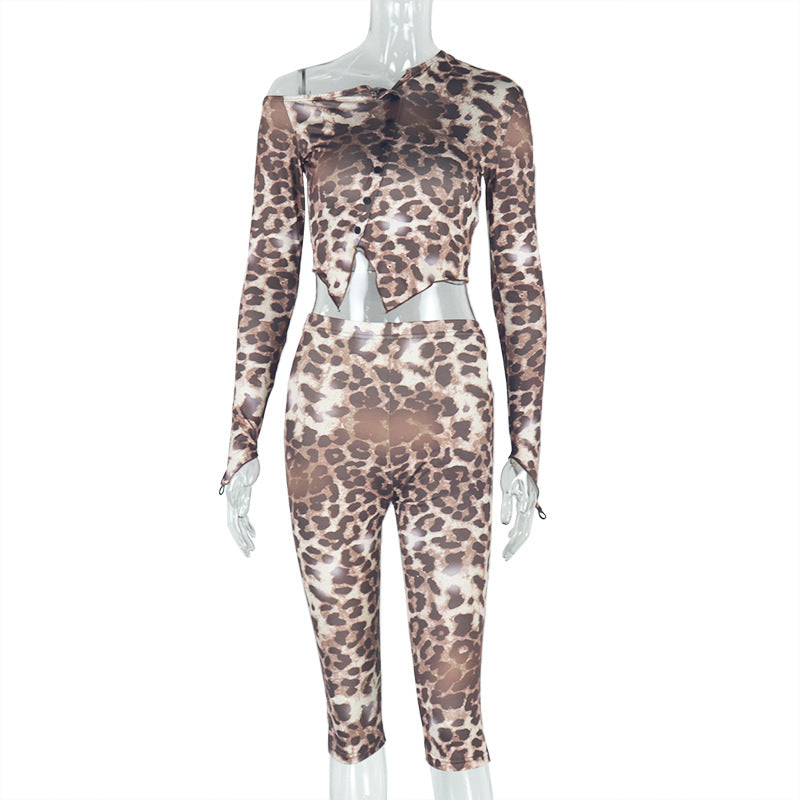 Women Leopard Print Asymmetrical Off-shoulder Long Sleeve Top and ShortsTwo Piece Set 6
