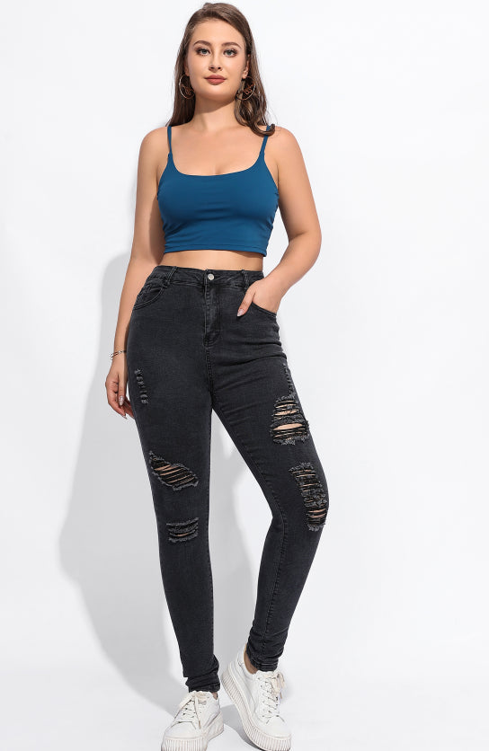 Plus Size Women Jeans High Waist Denim Ripped Pants 10