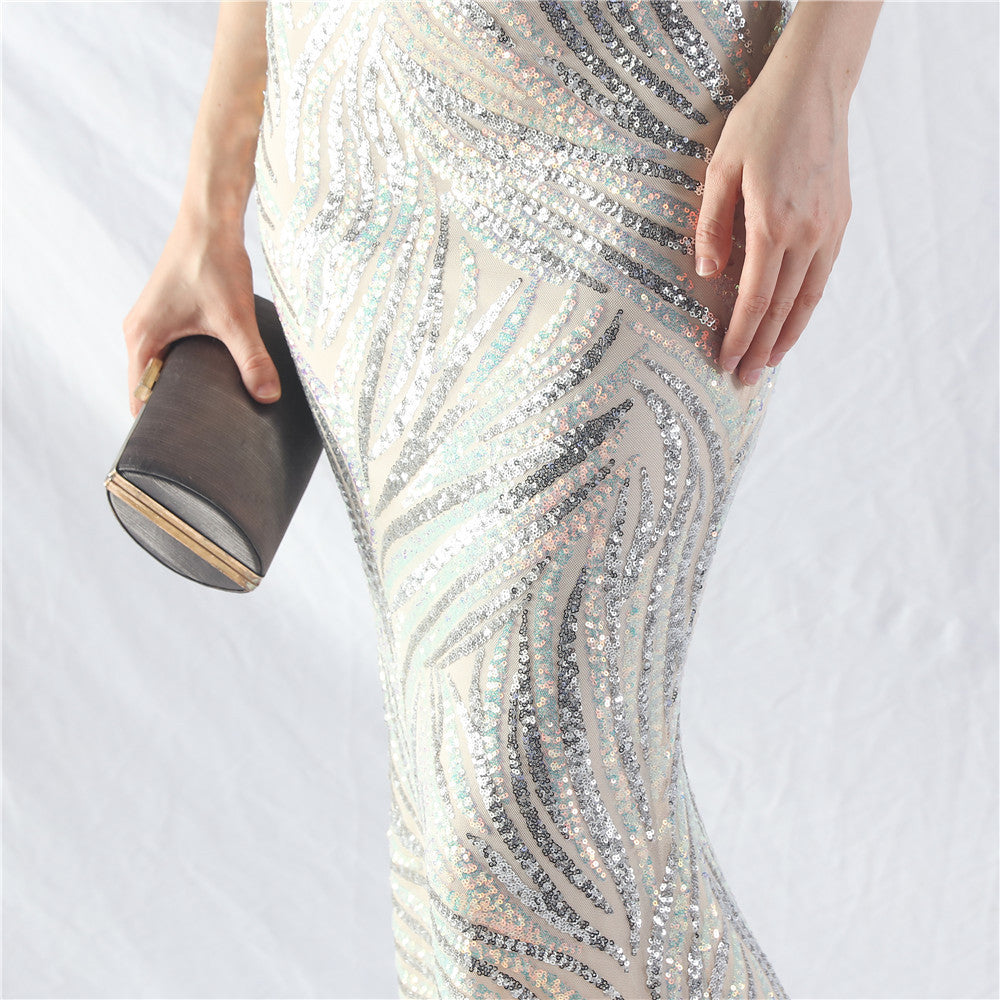 Women Off Shoulder Sequins Evening Dress 44