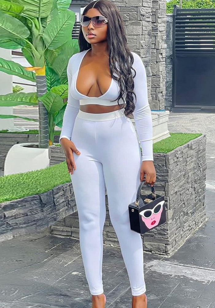 Women's Casual Sexy Solid Color Tight Slim Long Sleeve Top & Fitted Pants Set