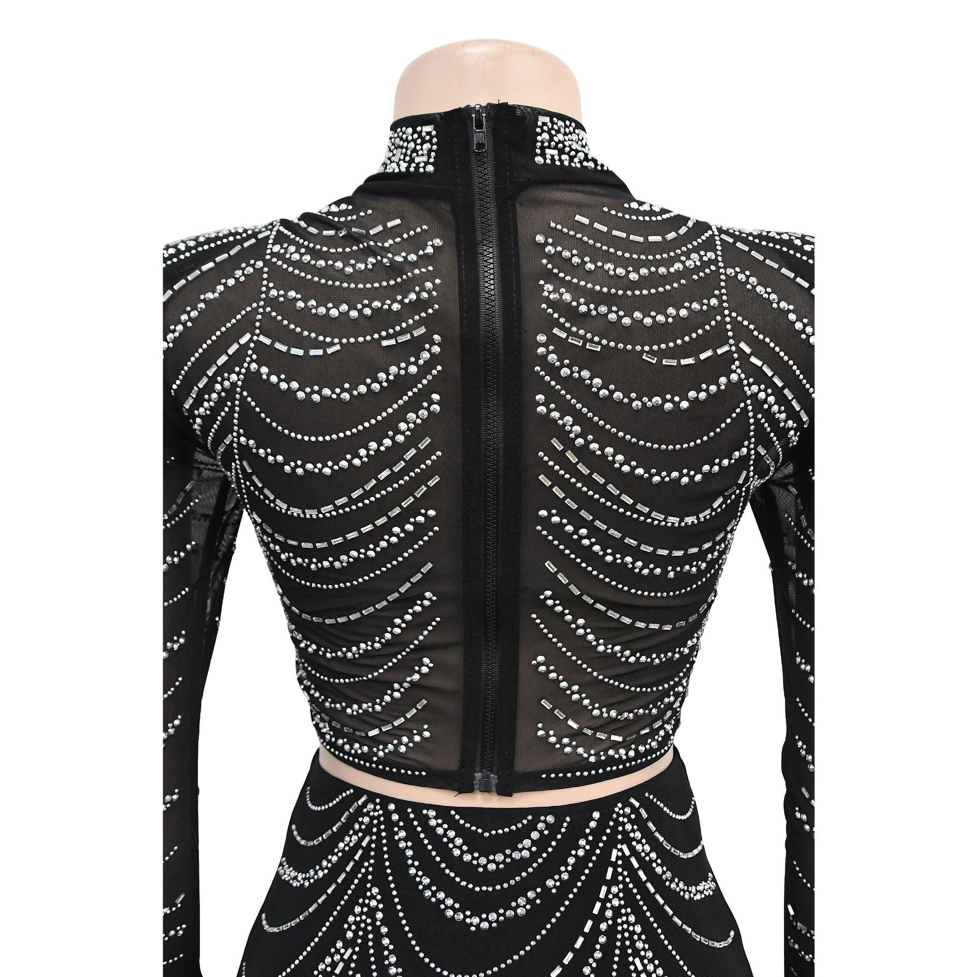 Women's Fashion Solid Color Mesh Beaded Long Sleeve Crop Top Long Skirt Two-Piece Set 16