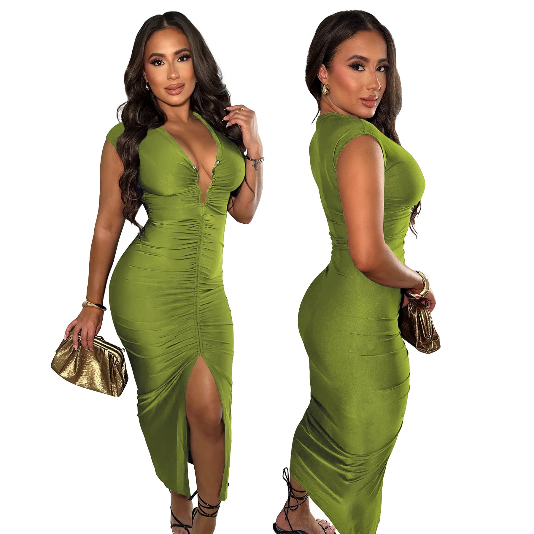 Fashionable Women's Summer Solid Color Sexy Deep V Slim Dress 3