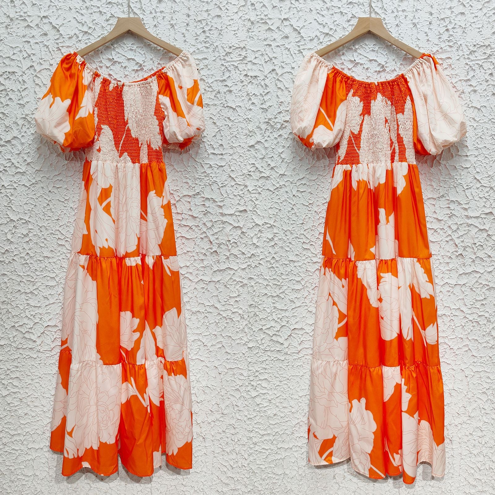 Women Elegant Print Off Shoulder Puff Sleeve Dress 9