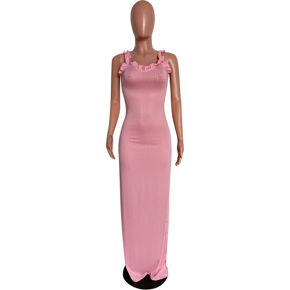 Summer Women's Solid Color Ribbed Ruffle Strap Side Slit Long Dress 11