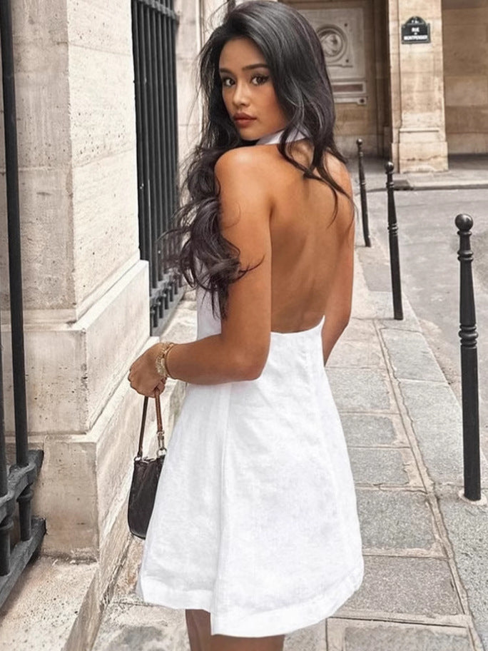 Linen Halter Neck Sexy Low Back Spring/Summer Short Dress 6