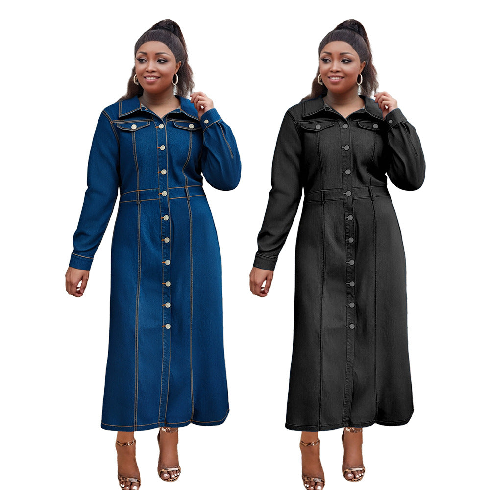 Plus-Size Women Turndown Collar Long-Sleeved Casual Denim Dress 10