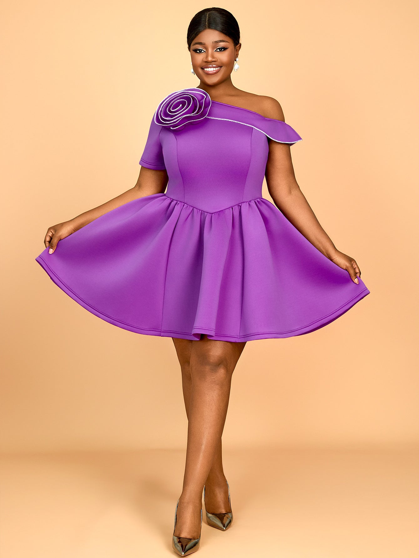 Summer Slash Shoulder Floral Slim Waist Plus Size A-line Party Dress 4