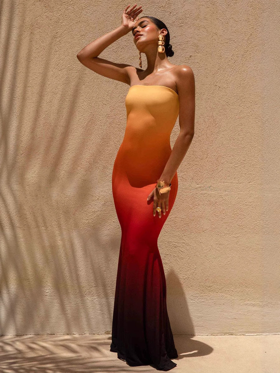 Summer Chic Sexy Strapless Floral Printed Slim Long Holiday Dress 10