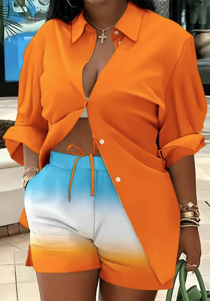 Women's Long Sleeve Printed Shirt Shorts Printed Two Piece Set