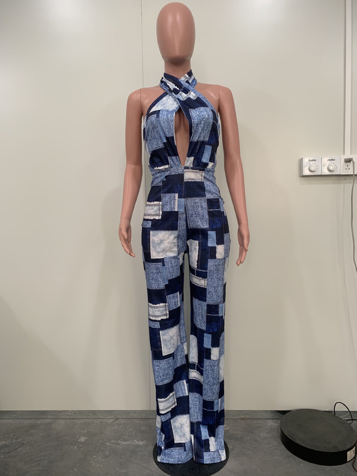 Ladies Plaid Street Trend Loose Digital Print Sexy Jumpsuit 9