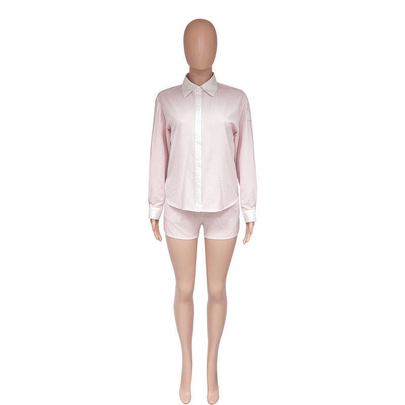 Summer Turndown Collar Long Sleeve Striped Shirt Elastic Waist Shorts Two-Piece Set 11