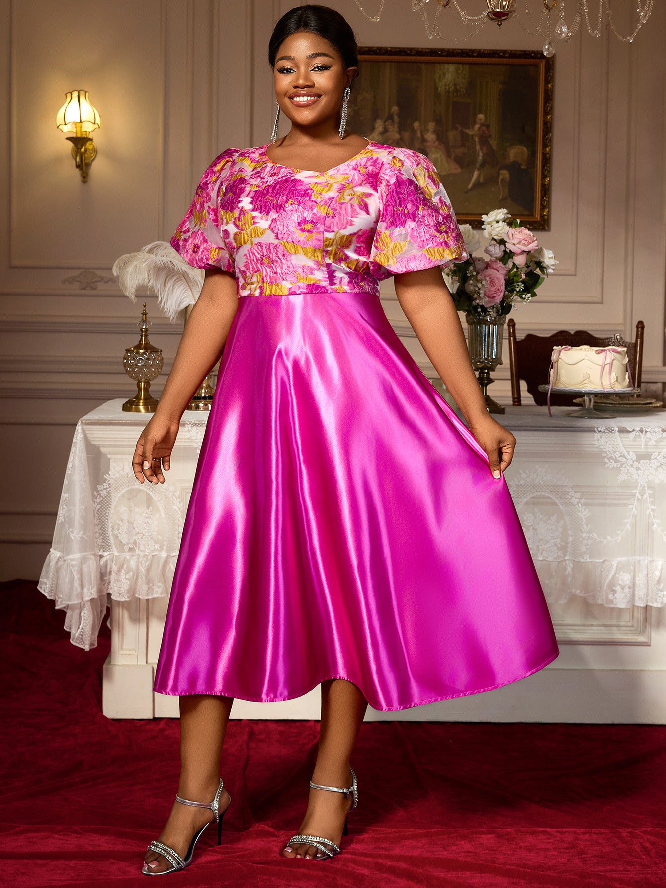Plus Size Women's Floral Jacquard Satin Patchwork Midi Dress Slash Shoulder Puff Sleeve Formal Gown 4