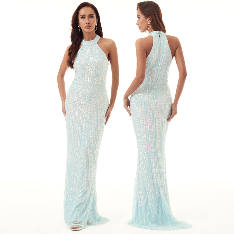 Floral Sequins Formal Party Evening Dress Long Luxurious And Sexy Halter Neck Fishtail Dress 5