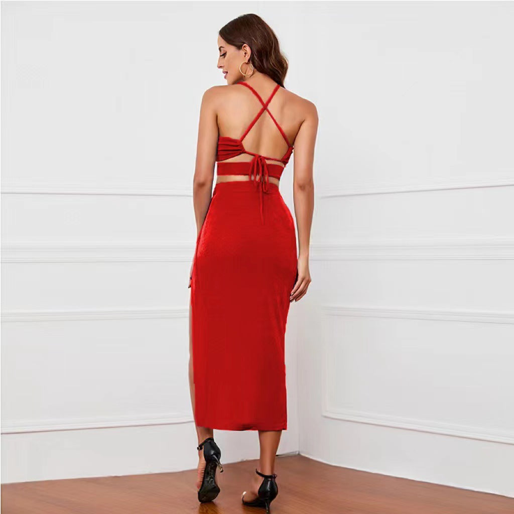 Women Lace-Up Backless Suspender Top and Slit Long Skirt two-piece set 24