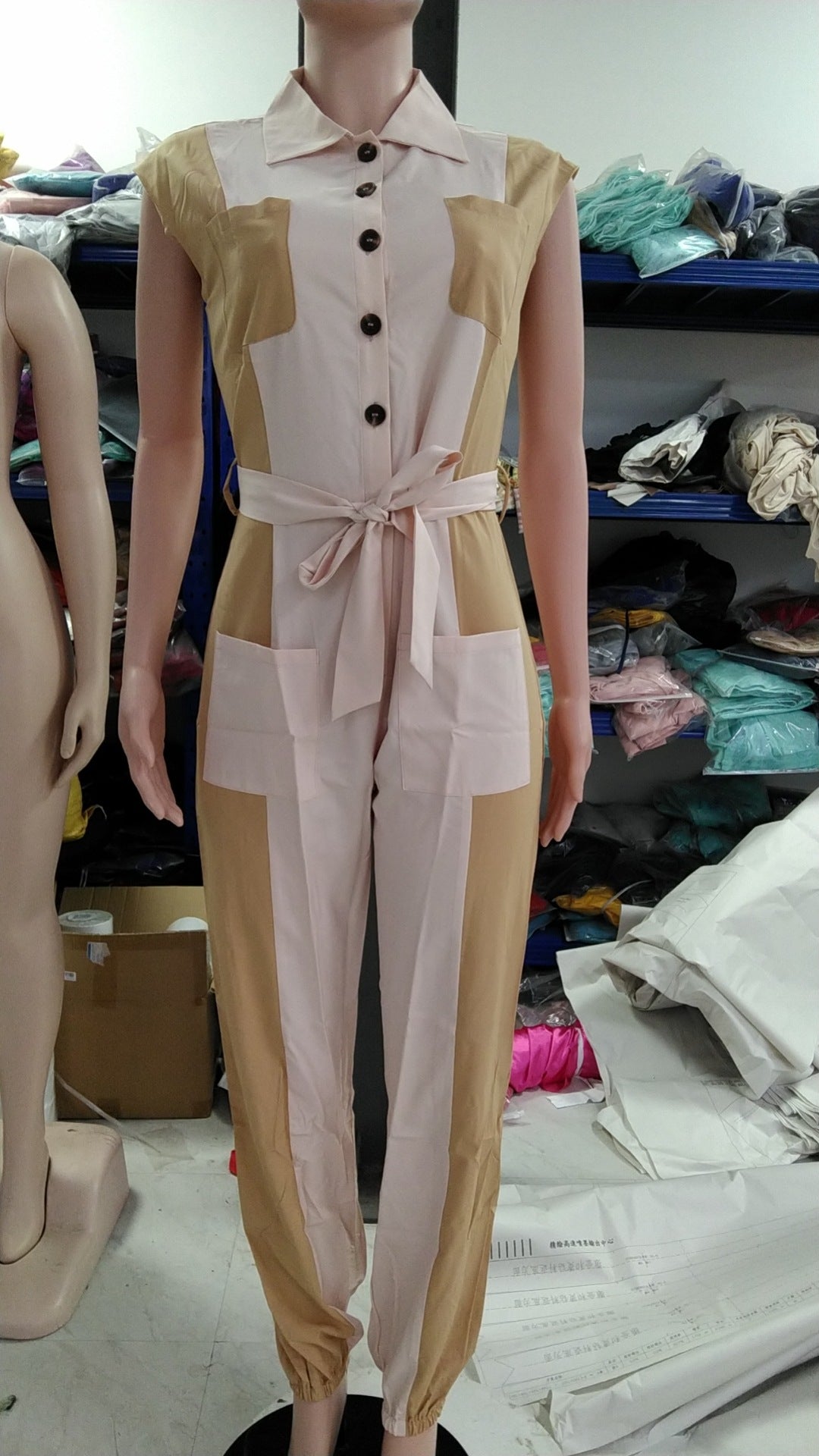 Women's Color Matching Fashion Turndown Collar Button Belt Jumpsuit 7