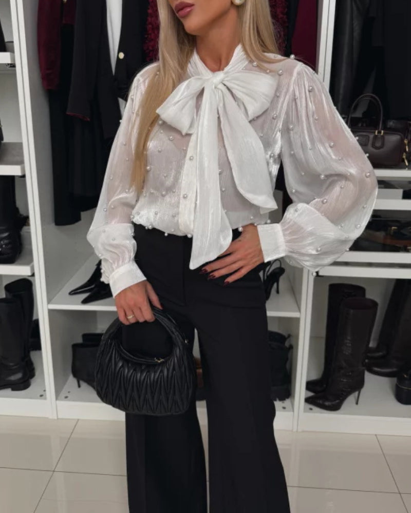 Women See-Through Beaded Lace-Up Shirt 8