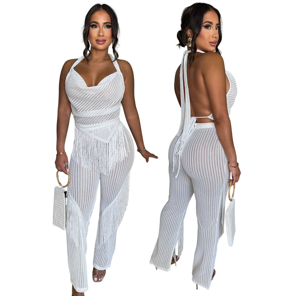 Women Halter Neck lace-up sleeveless Backless Top and sexy tassel trousers 4