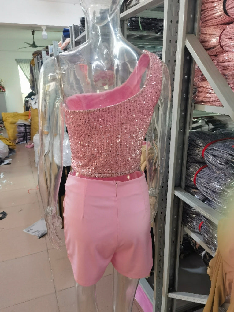 Women Sexy Sequined Sleeveless Top and Shorts Two-piece Set 10