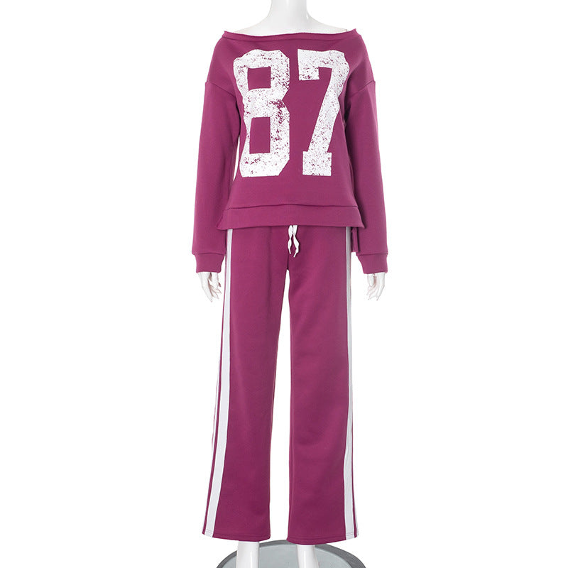 Women Fall/Winter Digital Print Off Shoulder Top and Pants Two Piece Set 7