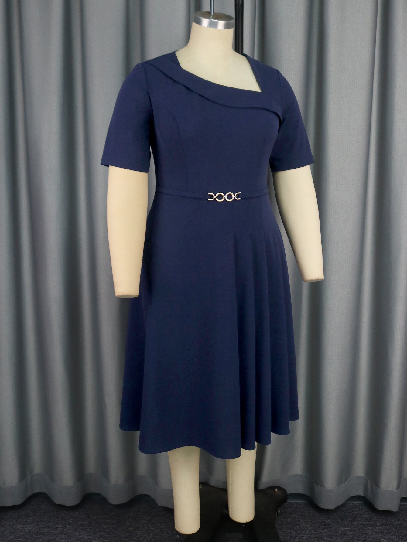 Plus Size Women asymmetric collar pleated Dress 11