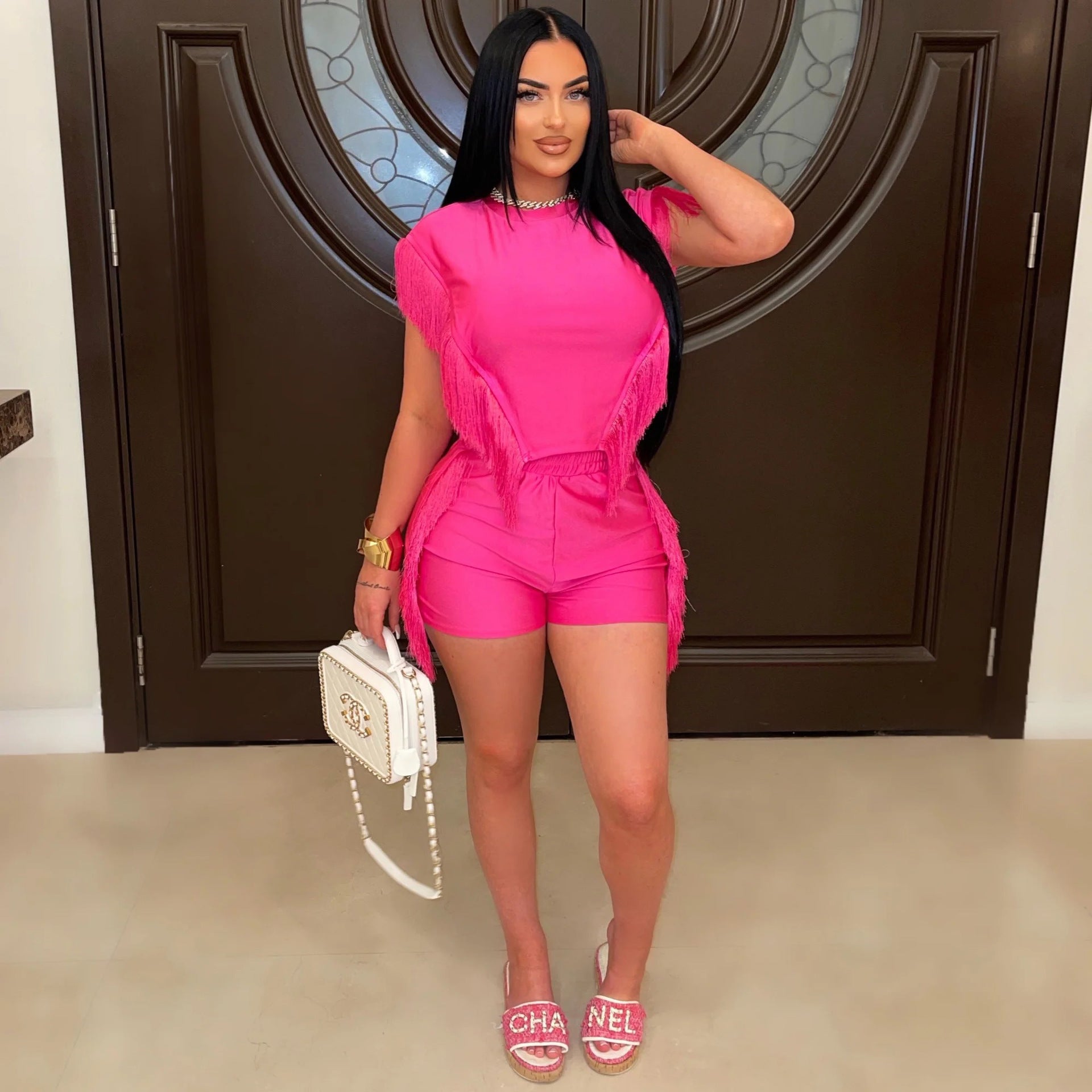 Fashionable Casual Solid Color Tassel Feminine Round Neck Top And Shorts Two-Piece Set 4