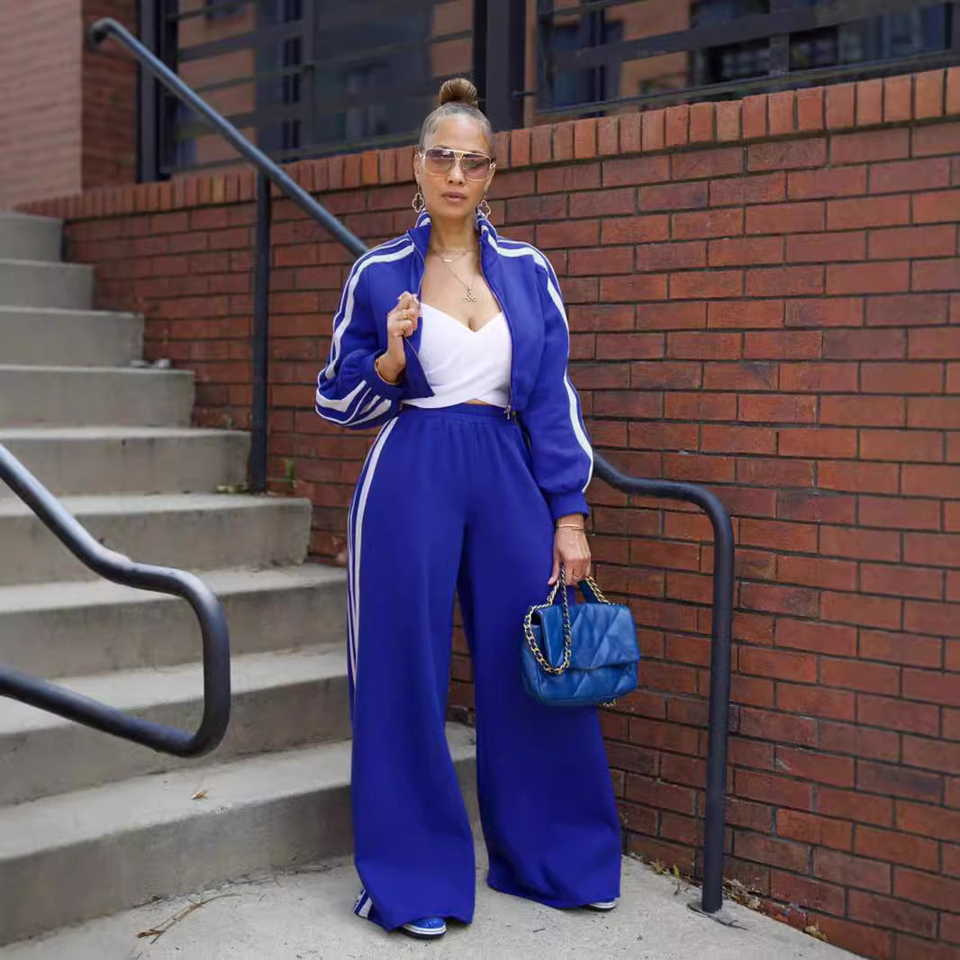 Women Autumn Striped Zipper Casual Top and Pant Set 11