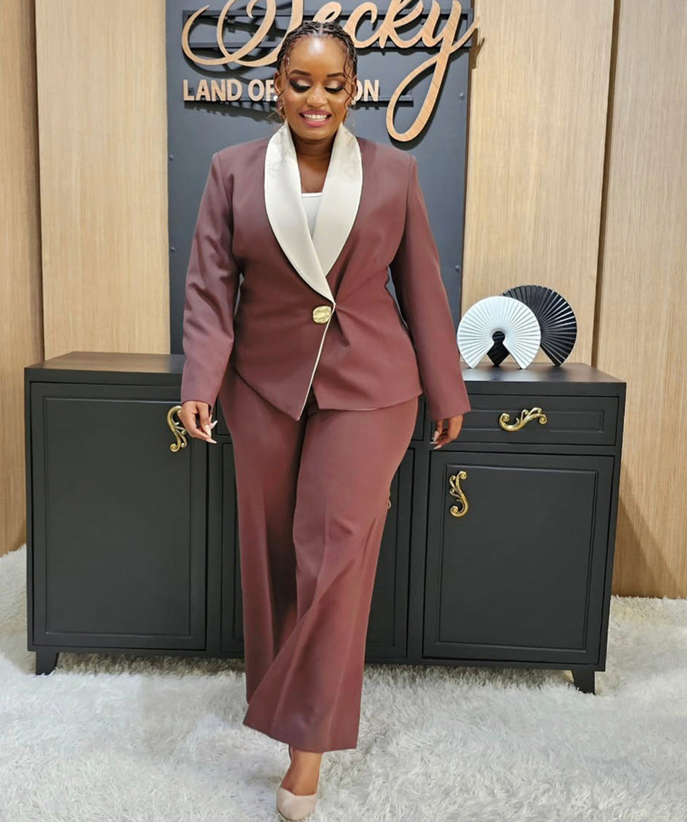 Women's Elegant Career Color-Blocking Turndown Collar Casual Suit Two-Piece Set 4