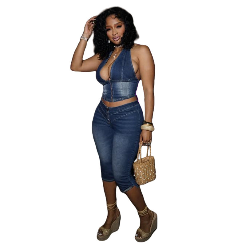 Women Strapless Halter Neck Lace-up Stretch Denim Top and Capri Two Piece Set 6