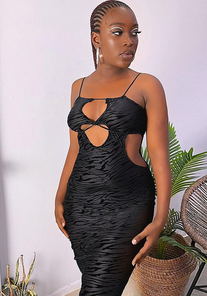 Women Print Hollow Tight Fitting Strap Bodycon Dress