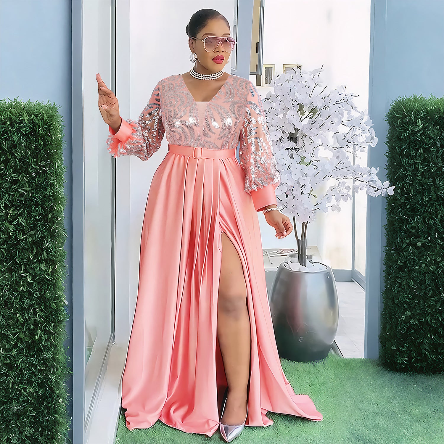 Plus-size African Women sequined lace long-sleeved V-neck elegant maxi dress 3