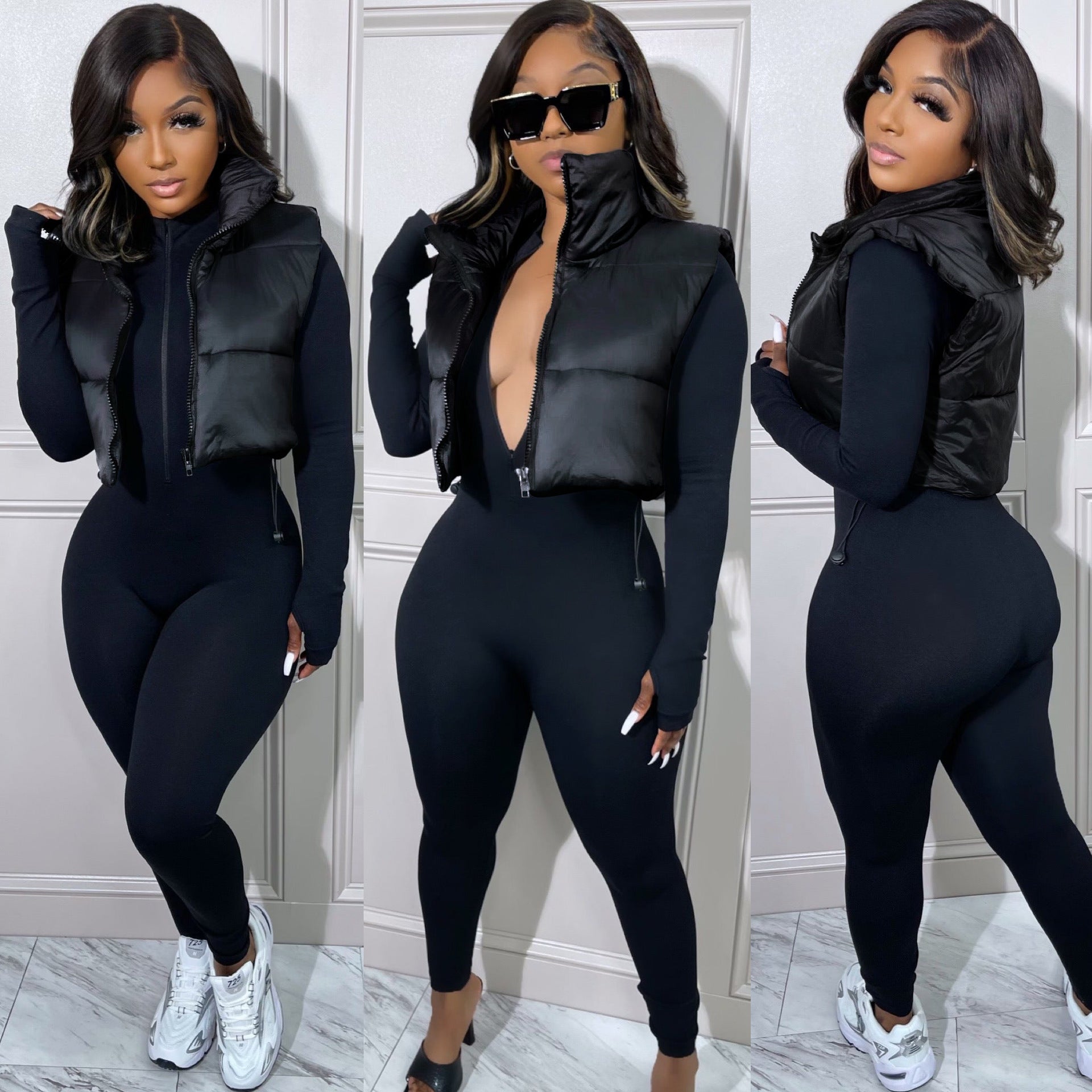 Women Solid Turn Down Collar Padded Vest 8