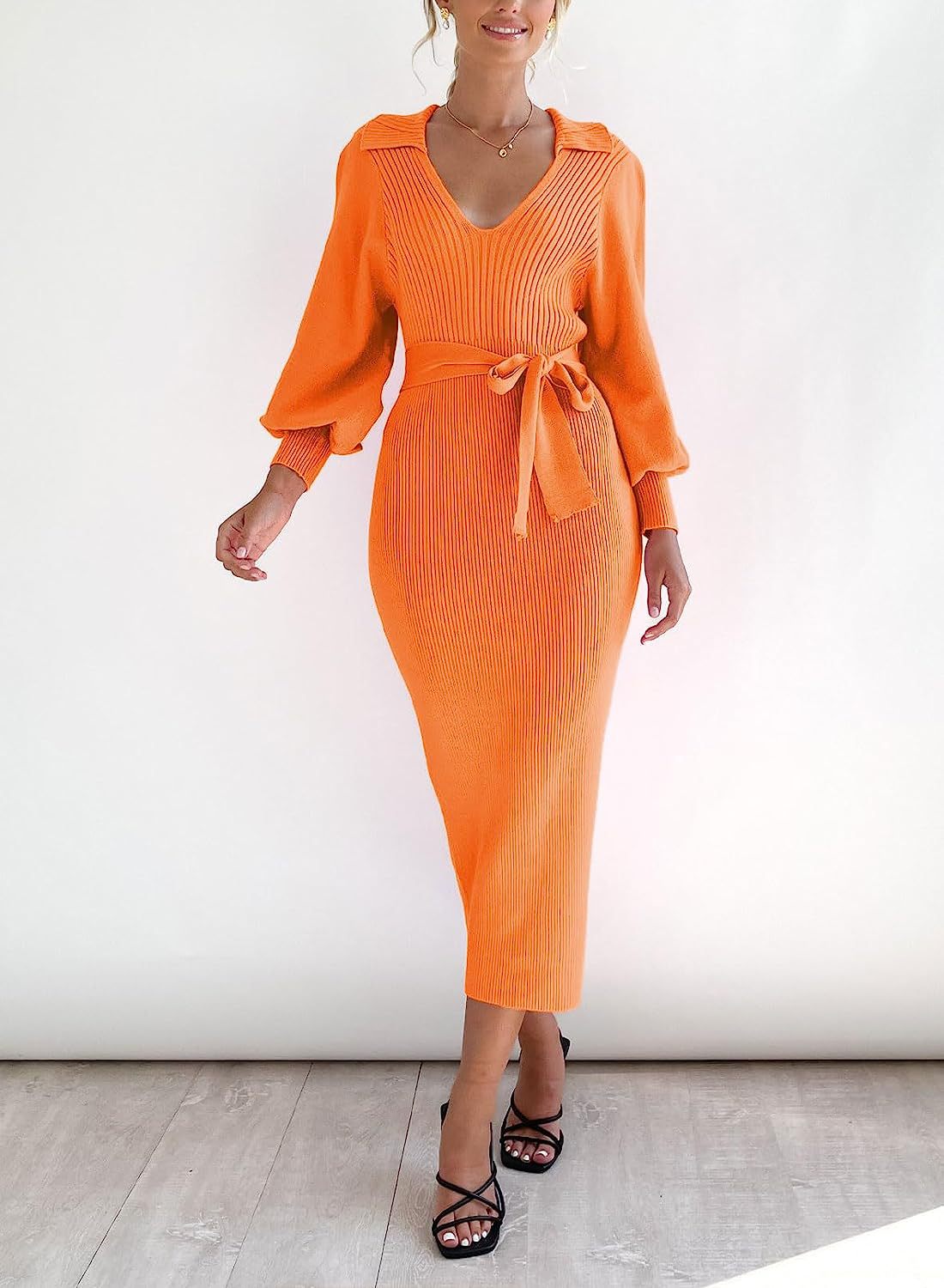 Women's Sweater Dress Elegant Long Sleeve V Neck Sexy Knitting Tight Fitting Dress 15