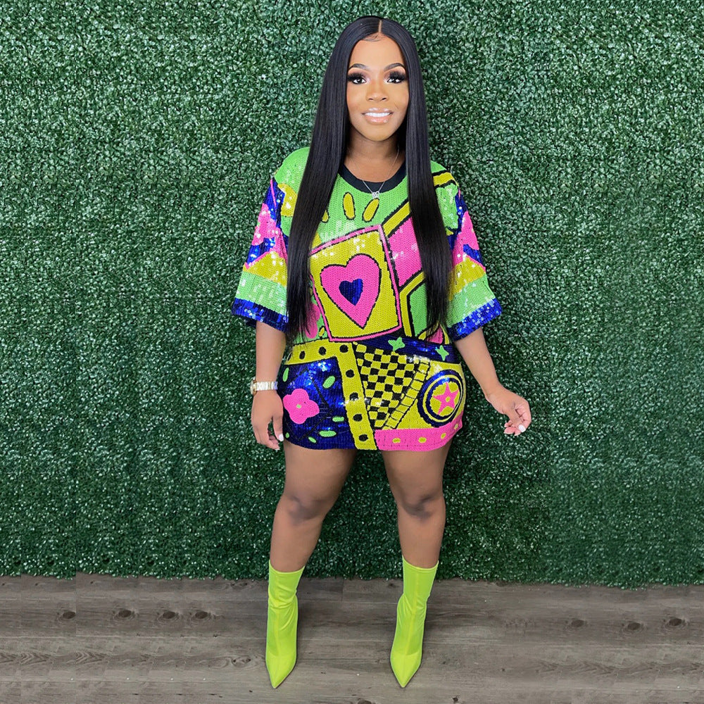 Trendy Round Neck Half Sleeve Loose Sequin Print Party Sequined Nightclub Style Women's Dress 14