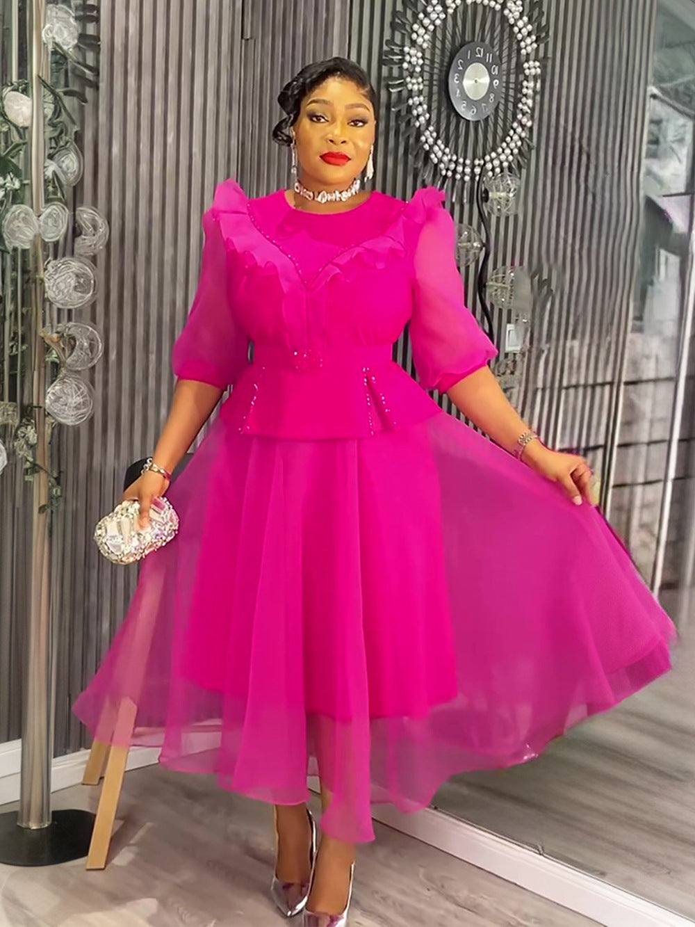 Plus-Size African Women Career Elegant Dress with Belt 8