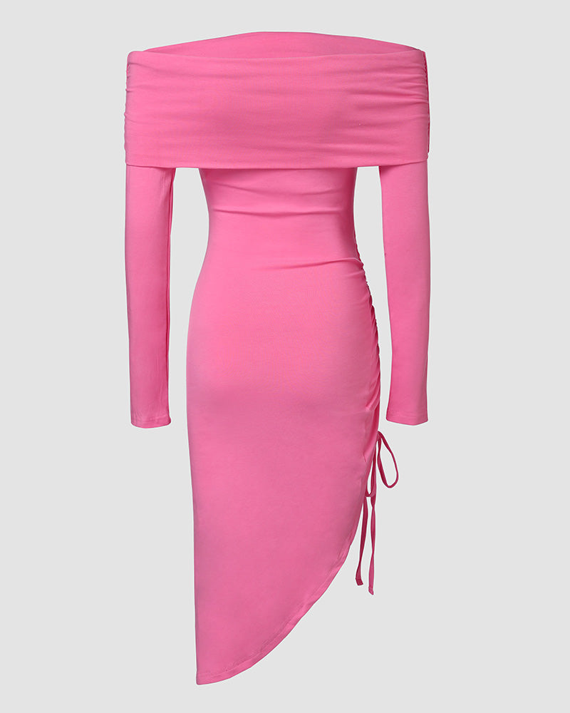 Fashionable Solid Color Off-Shoulder Drawstring Gathered Side-Open Dress 7