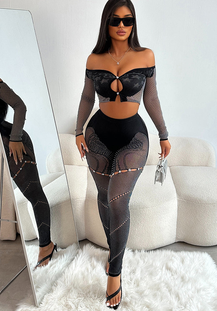 Women Fall Long Sleeve Crop Top Sexy Hollow Pants Two-Piece Set