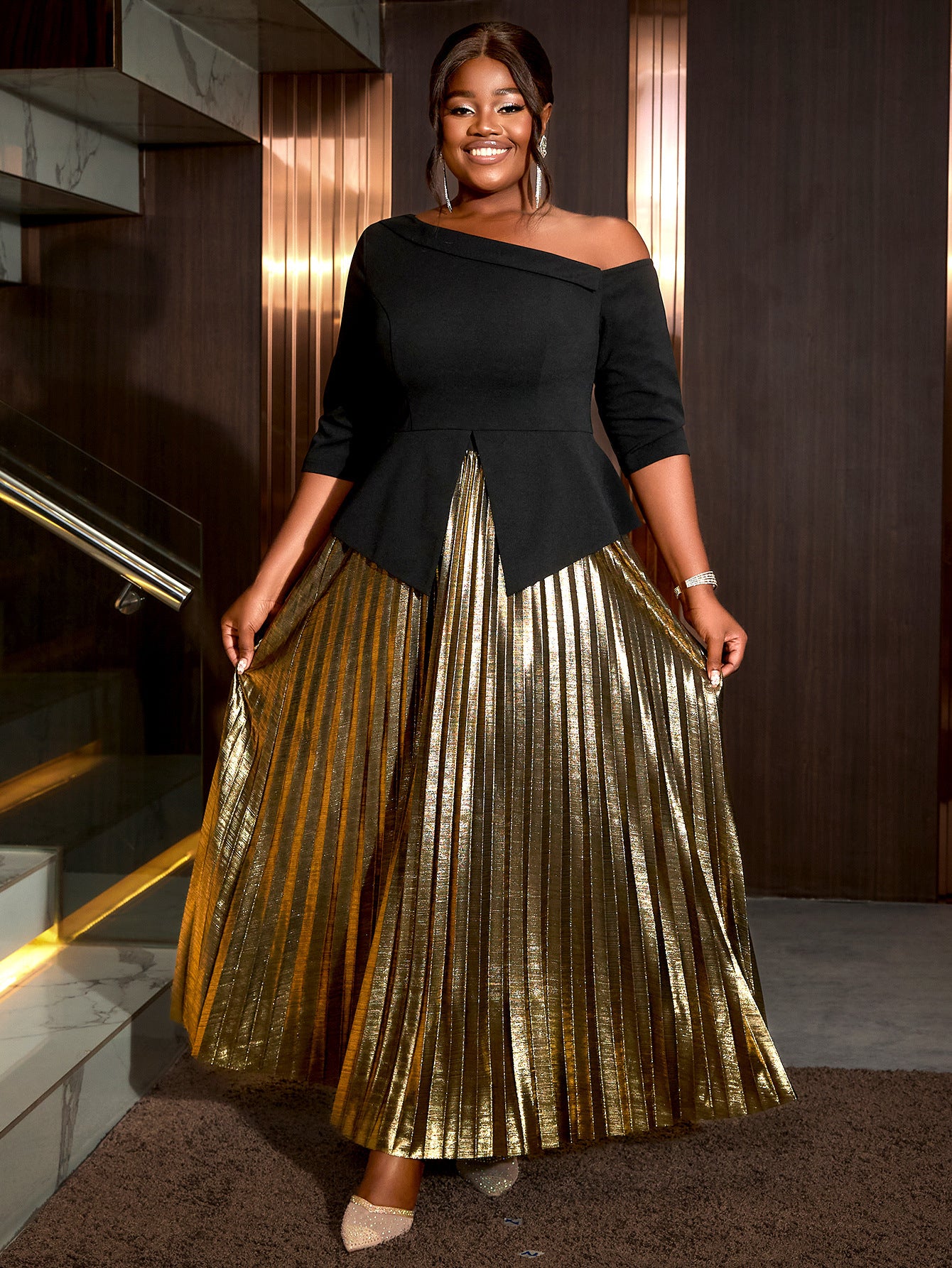 Women party sexy slit top luxury pleated skirt two-piece