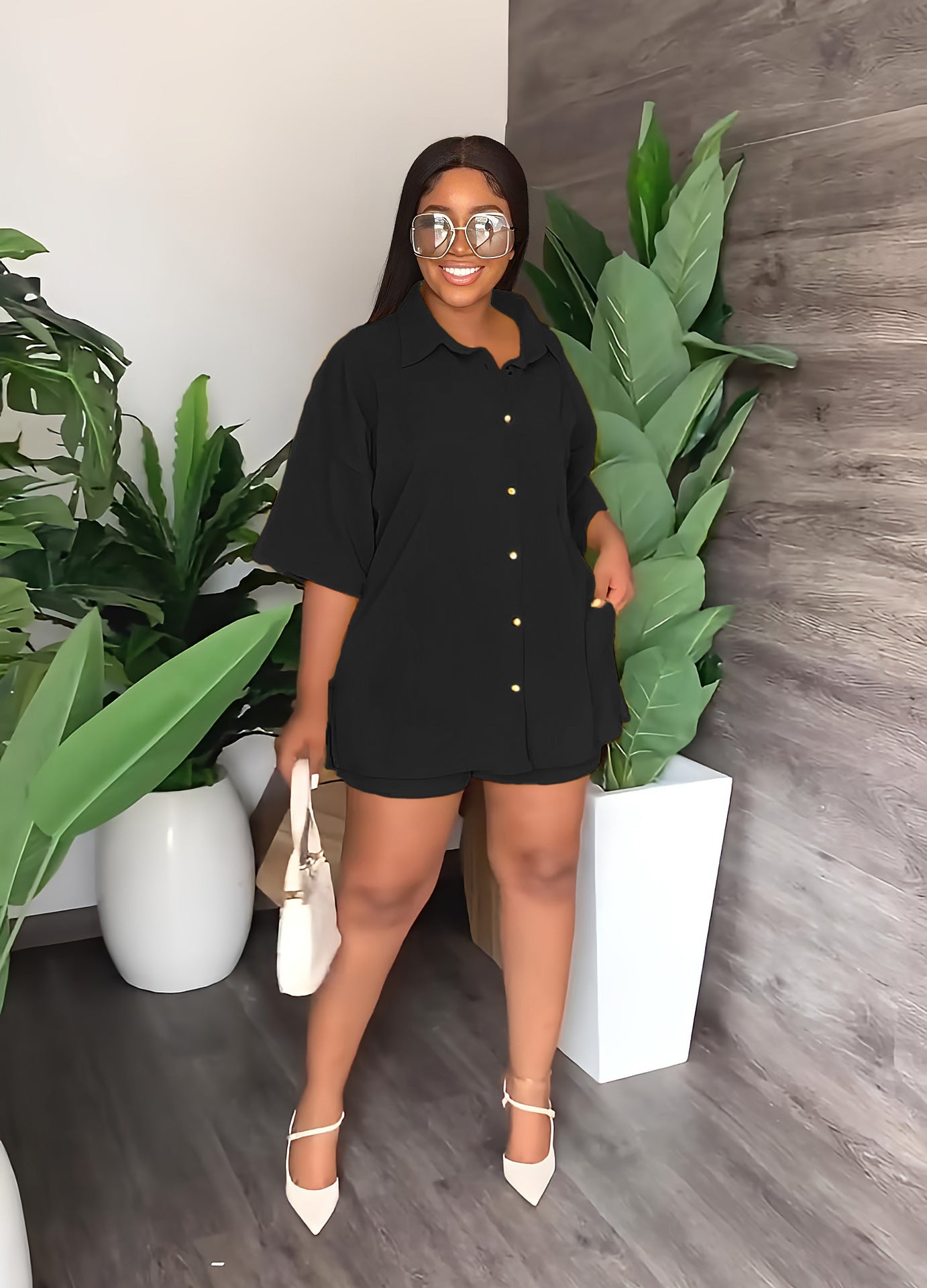 Solid Turndown Collar Long Shirt Casual Shorts Set Women's Two Piece 3