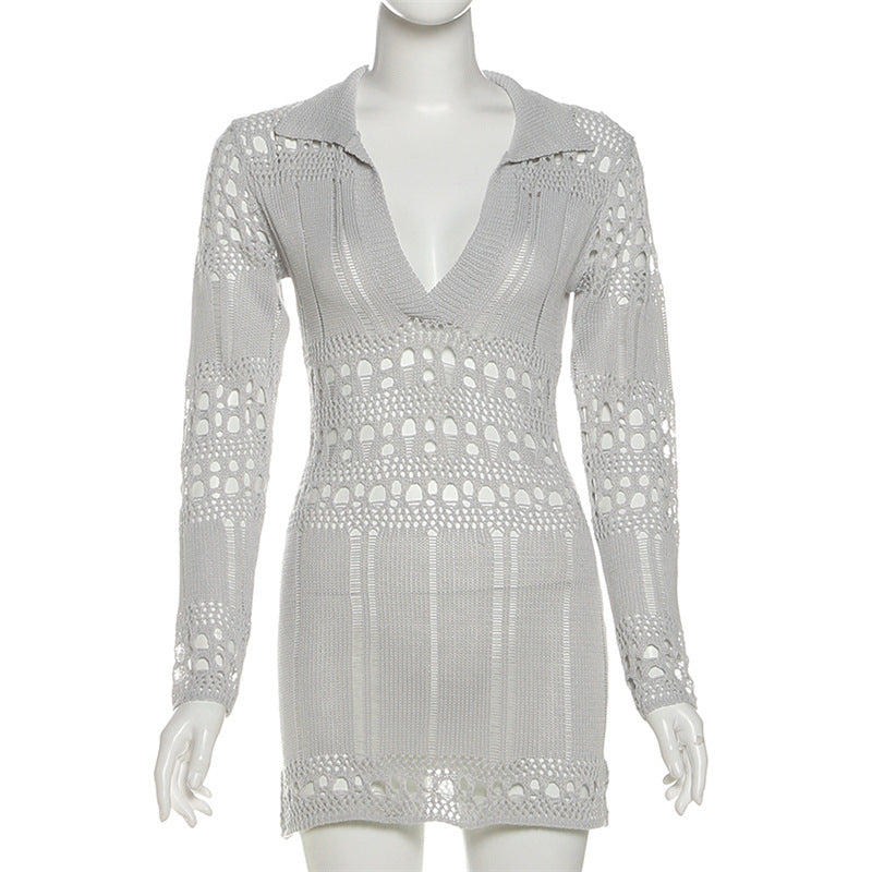 Women Fall Knitting Cutout Ripped Sexy V-Neck Bodycon Dress 6