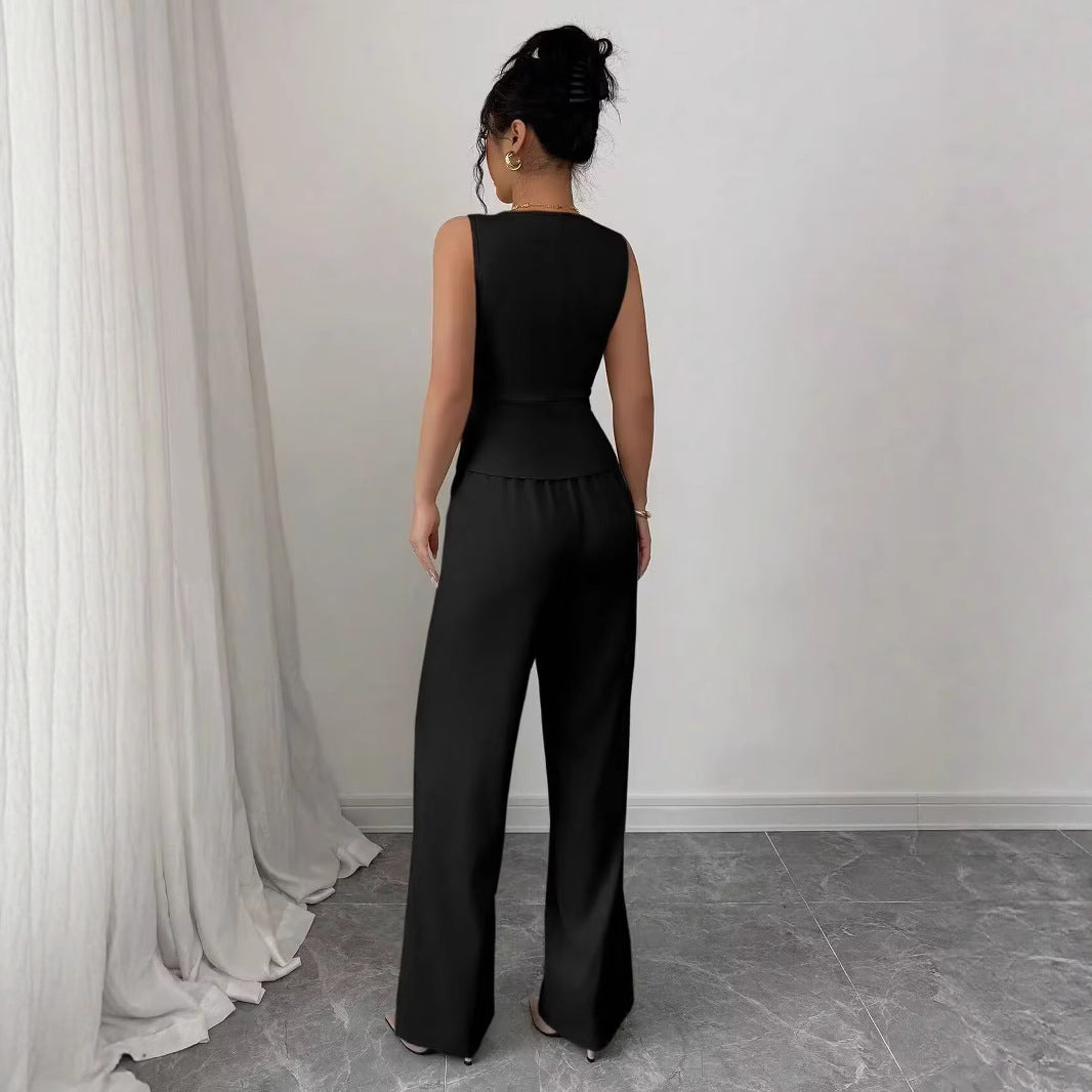 Summer Solid V-Neck Sleeveless Slim Vest High-Waist Trousers Two-Piece Set 6