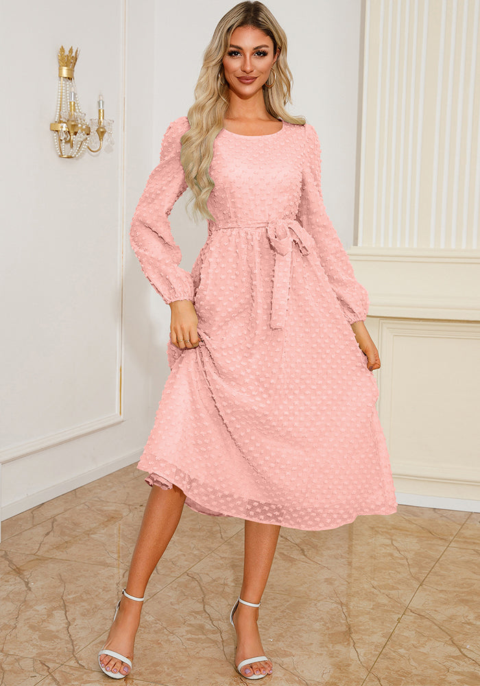 Autumn Winter Women's Elegant Slim Waist Round Neck Long Sleeve Midi Dress