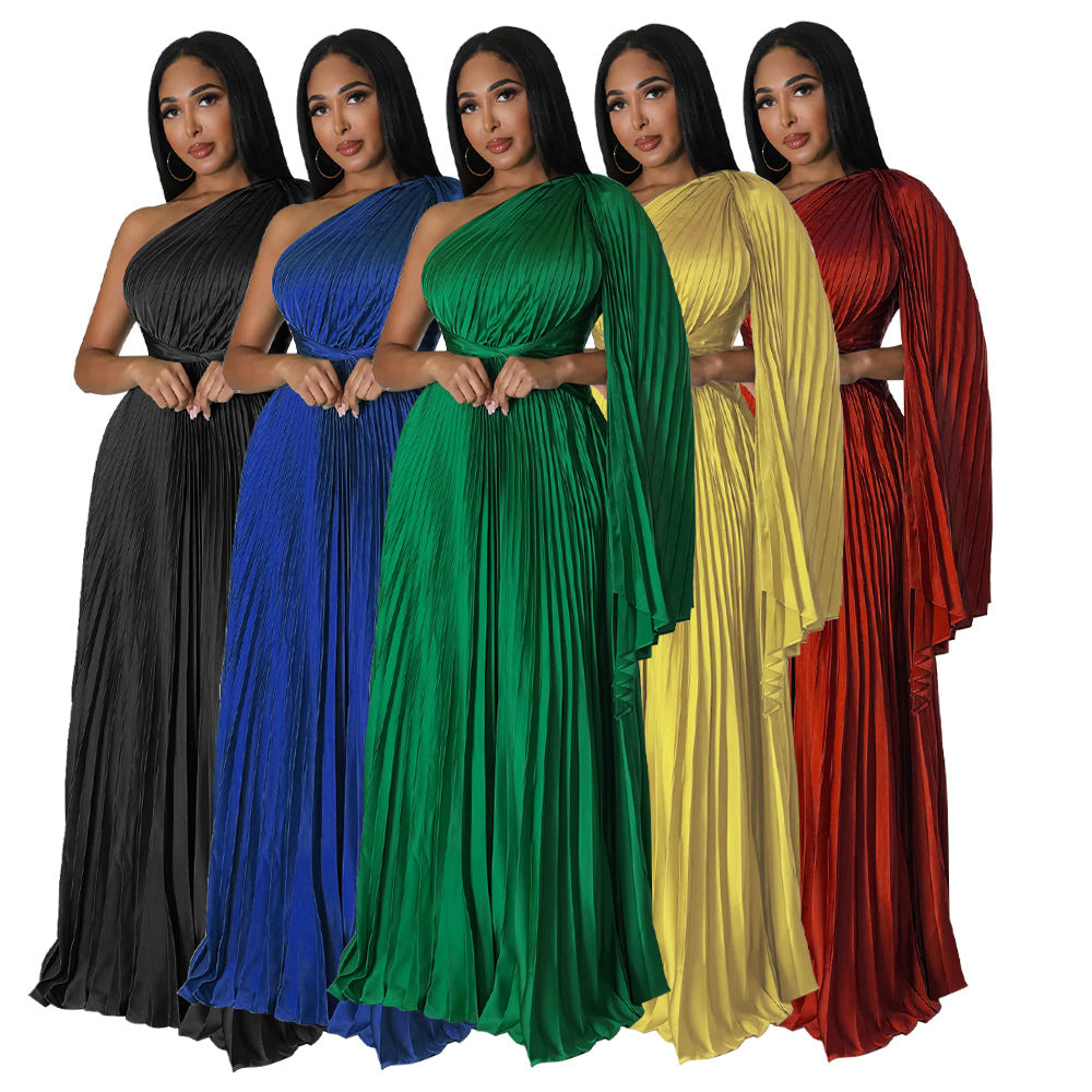 Fashion Women's One Shoulder Pleated Slash Shoulder Slim Waist Dress 9