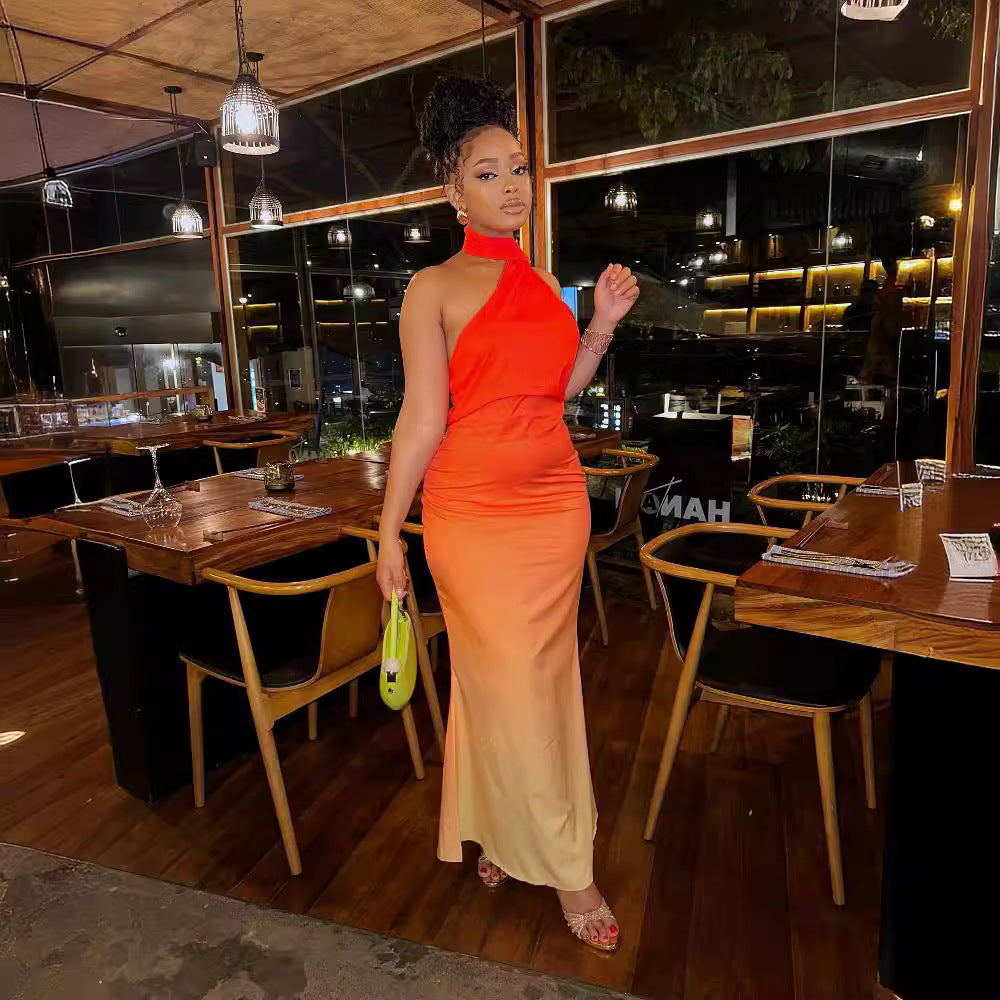 Summer Sexy Halter Neck Slash Shoulder Low Back Gradient Bodycon Dress 4