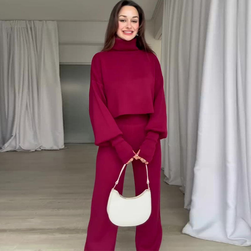 Autumn Casual Long-Sleeved Knitting High-Neck Sweater Trousers Two-Piece Set 6