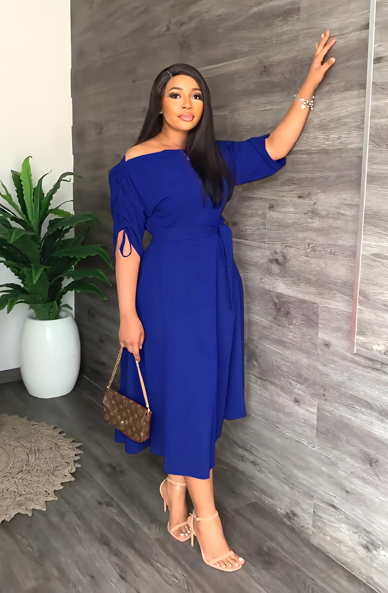 Slash-Shoulder Slim Waist Midi Casual Dress 6