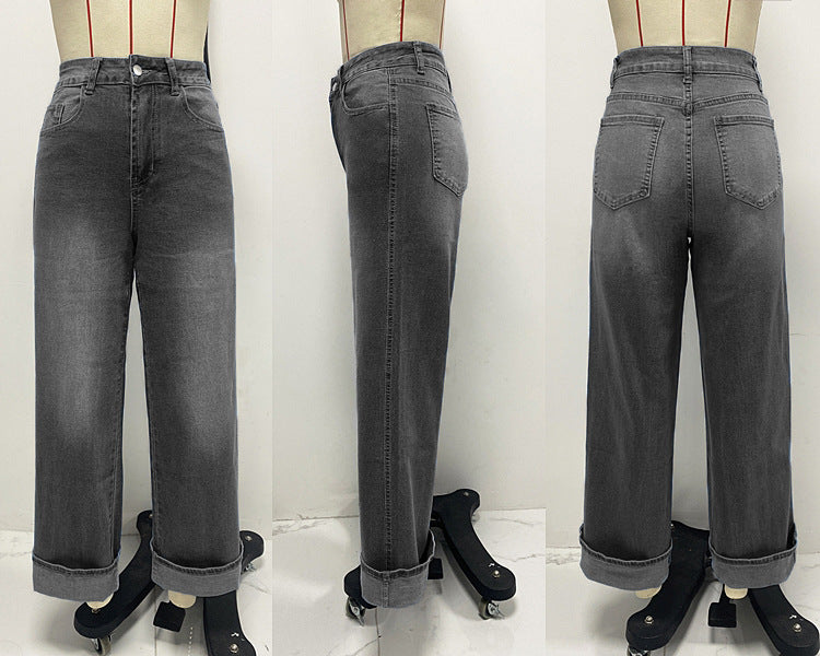 Spring High Waist  Elastic Straight Denim Pants For Women 10