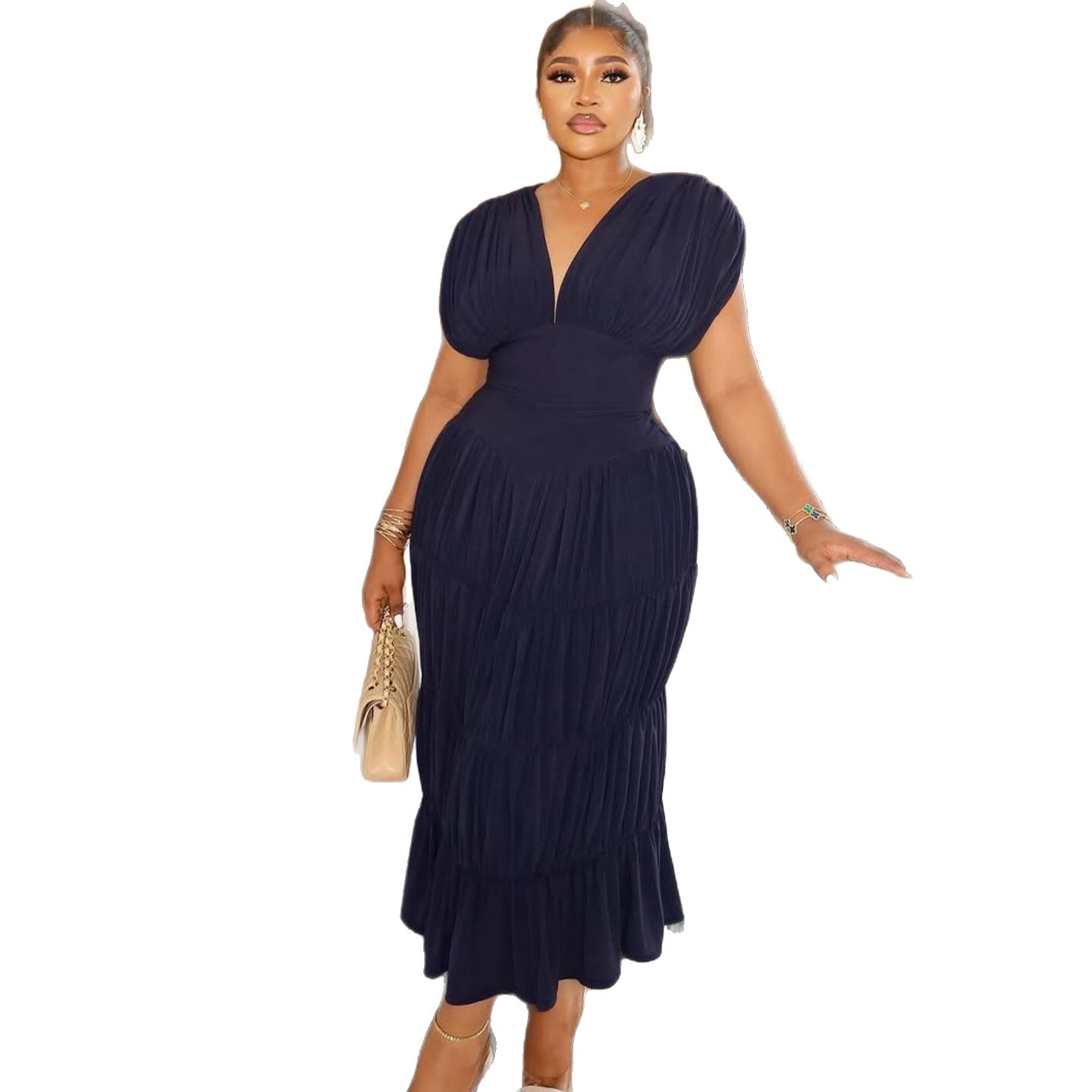 Women Summer Navy V-Neck Puff Sleeve Ruffle Dress 6