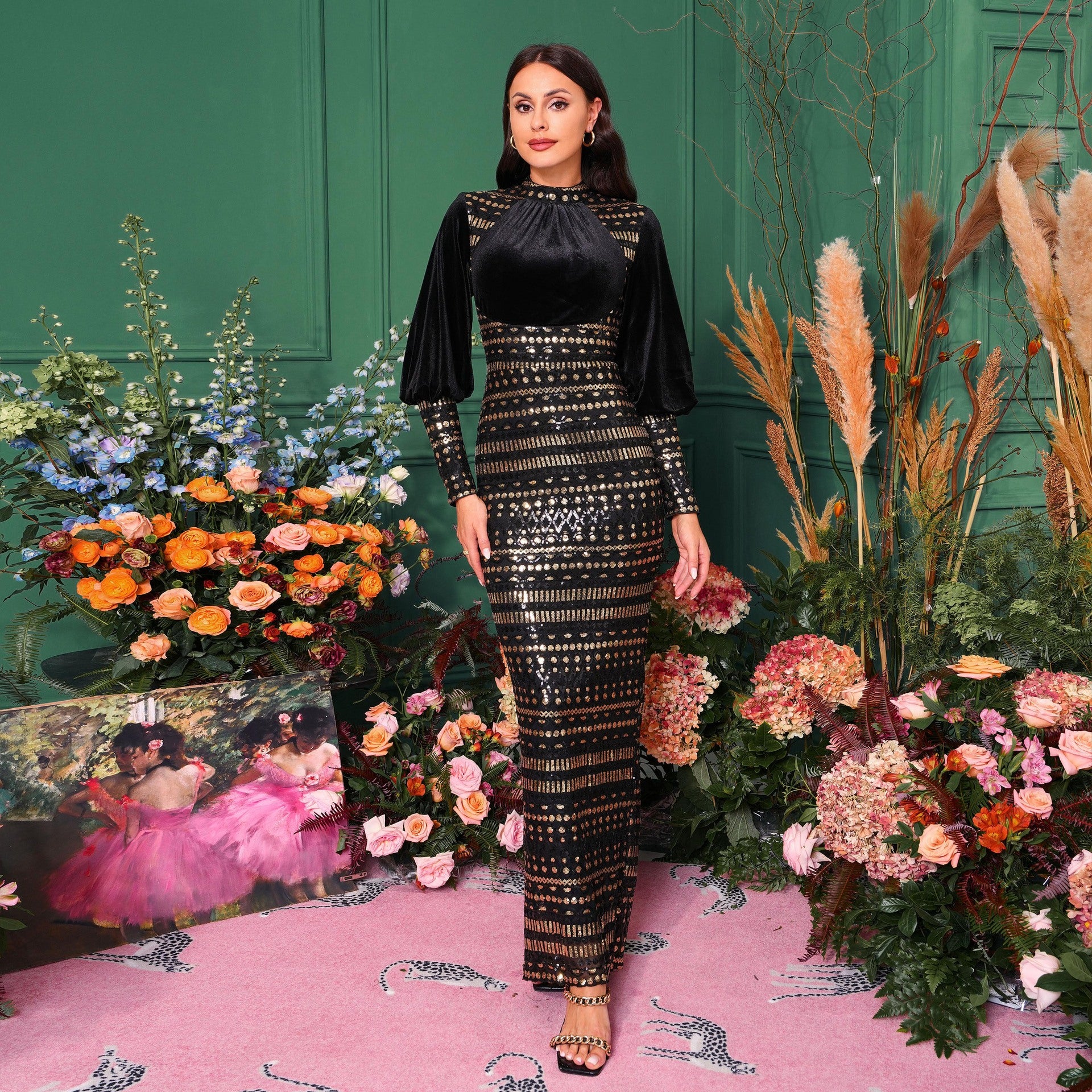 Luxury Long Sleeve Round Neck Formal Party Sequin Slim Slit Evening Dress Women Bridesmaid Gown 4