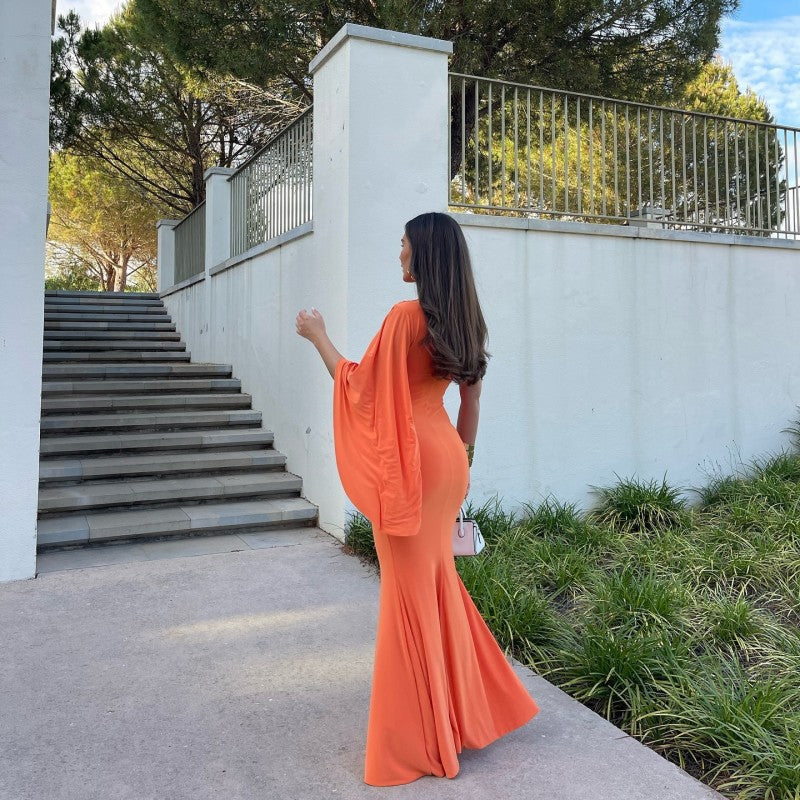 Women Summer Solid Round Neck Single-side Long Sleeve Sexy Dress 5