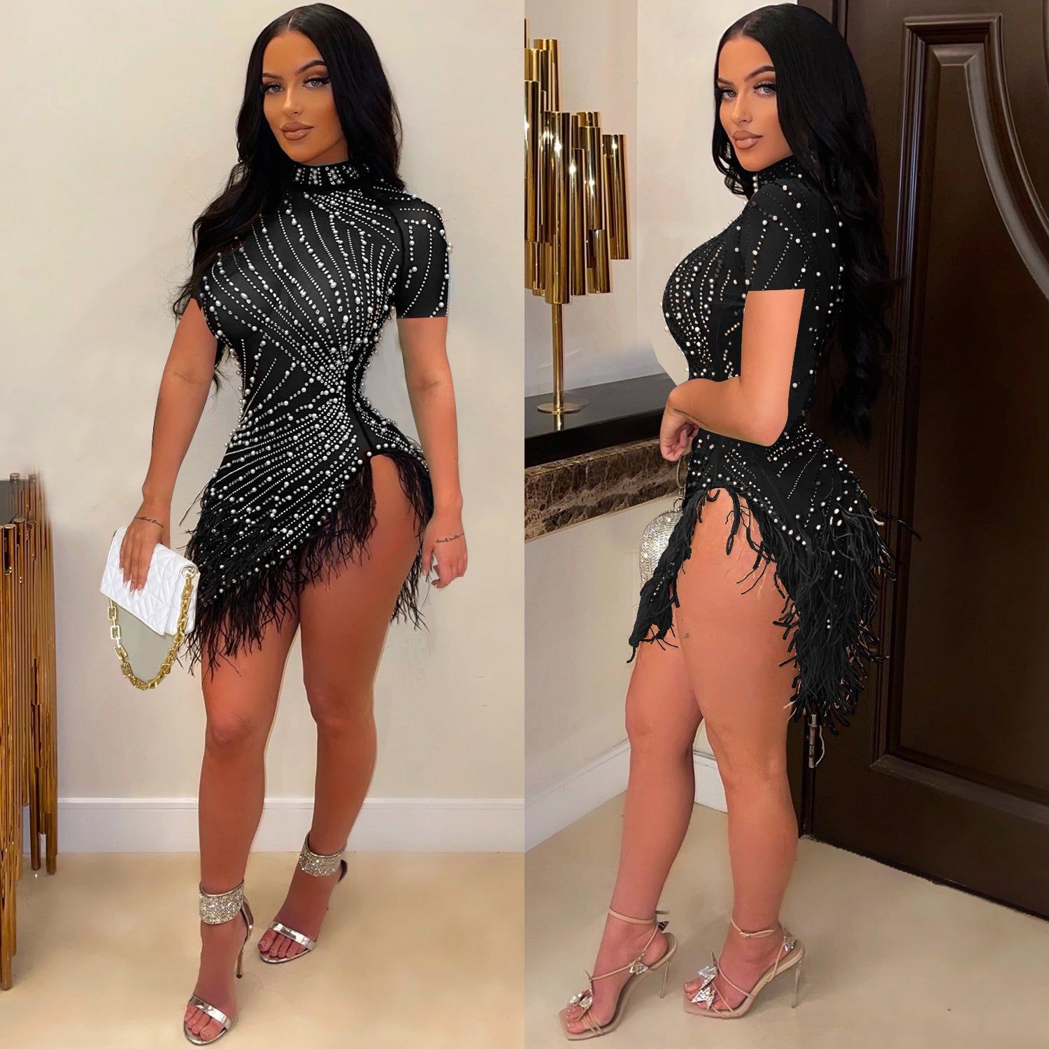 Summer Women's Sexy Mesh Beaded Tassel Short Dress 9